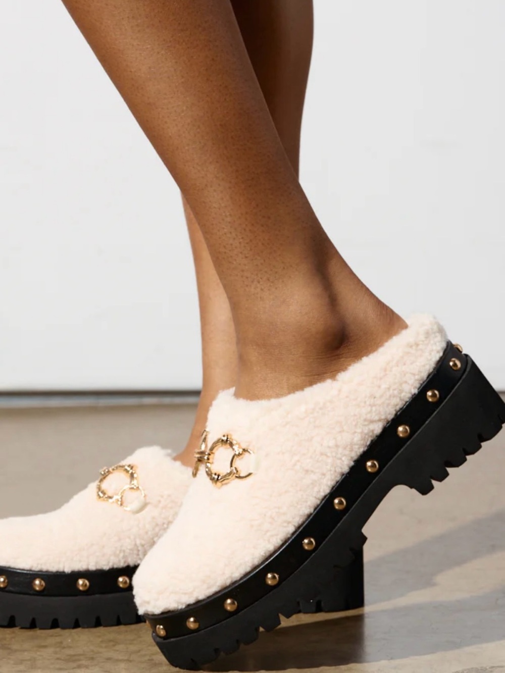 Gold-Accent Cream Shearling Platform Mules